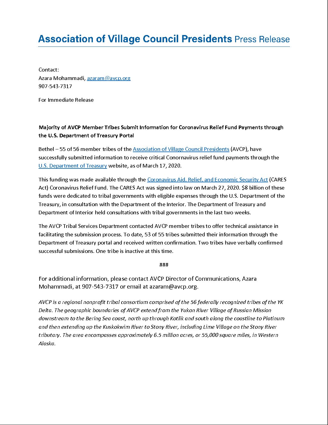 AVCP_PressRelease_ CARES Act application status update